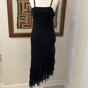 White House Black Market Black Beaded 100% Silk Asymmetrical Cocktail Dress